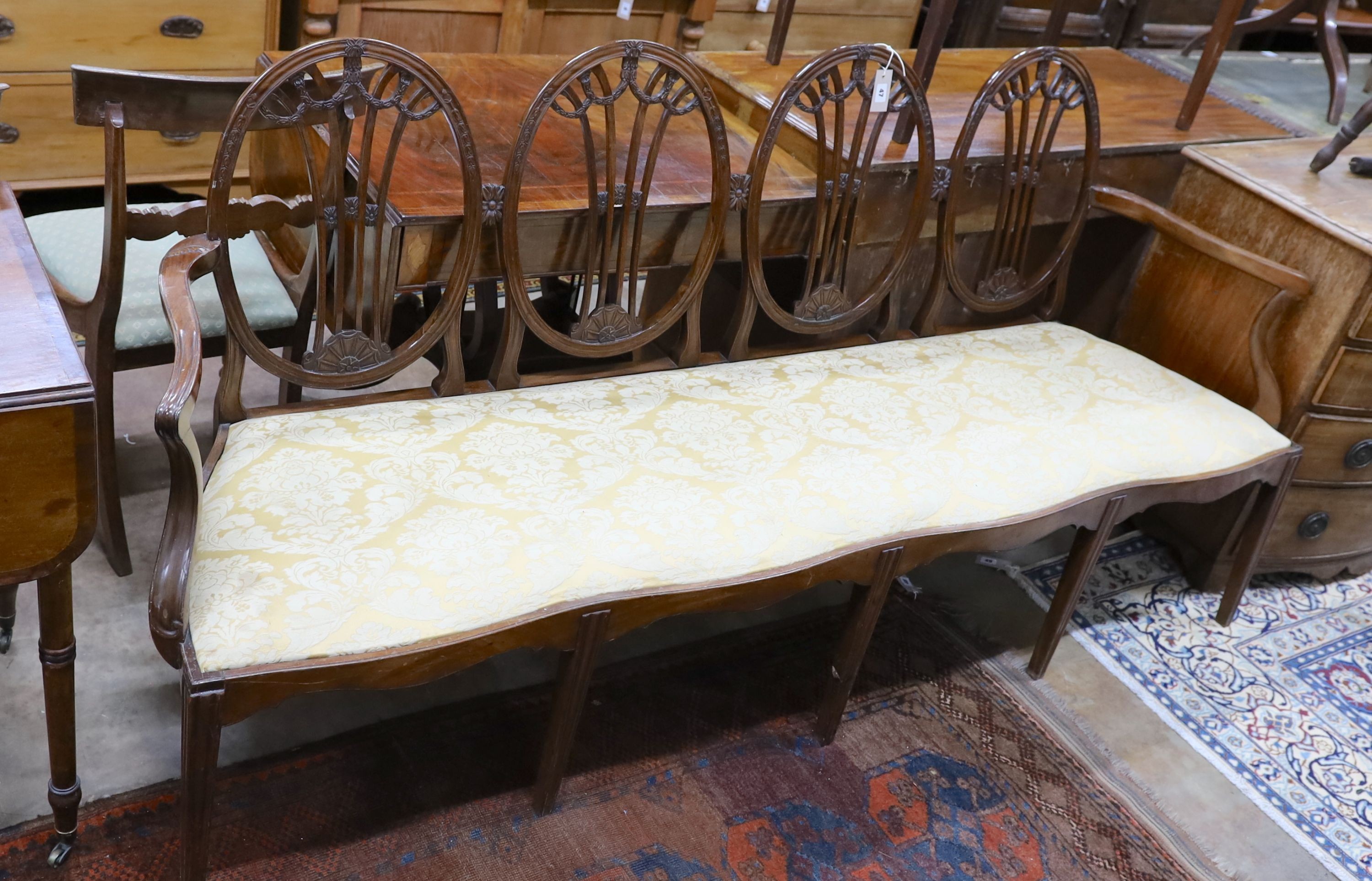 An early 20th century Hepplewhite style mahogany chair back settee, length 204cm, depth 56cm, height 98cm